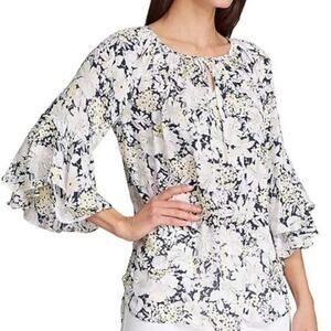 Chaps Top Womens Small Capri Navy & Pearl Floral Keyhole Bell-Sleeve